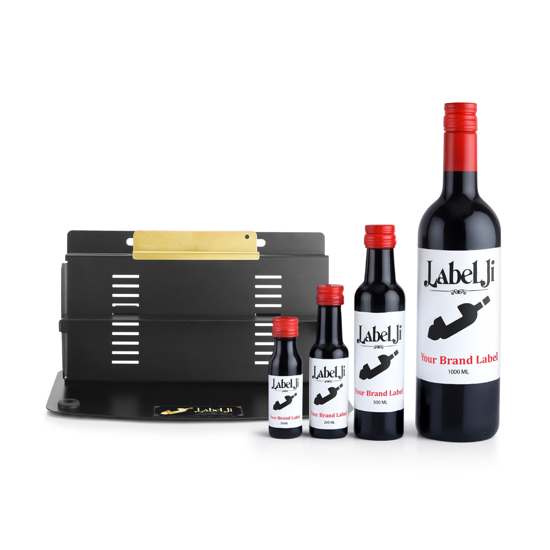 Labelji label applicator with multiple sized round bottles showing label results from 30ml to 1000ml